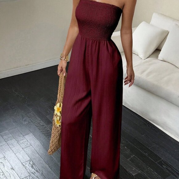 Burgundy Casual Women's Sexy Pleated Off-Shoulder Sleeveless Jumpsuit - Picture 7 of 7